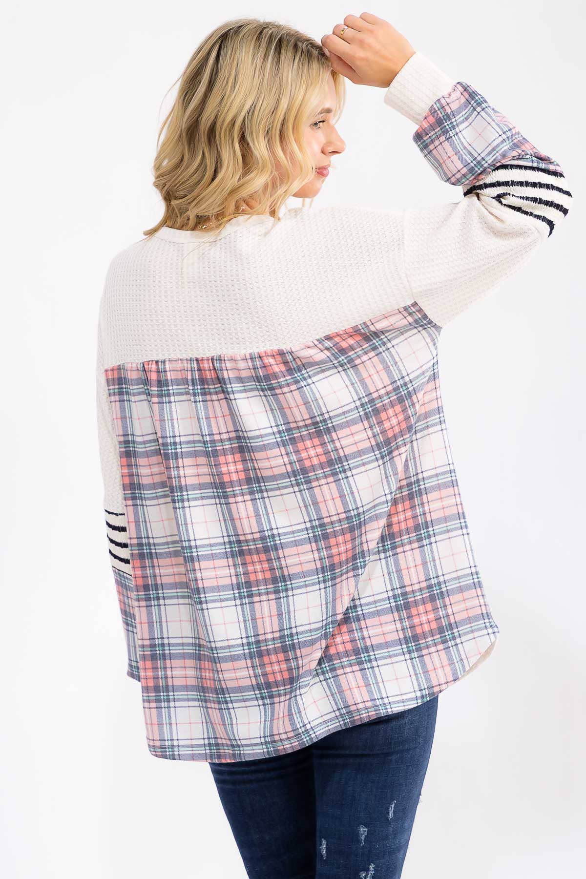 Cream Waffle Knit Plaid and Stripe Top