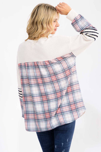 Cream Waffle Knit Plaid and Stripe Top