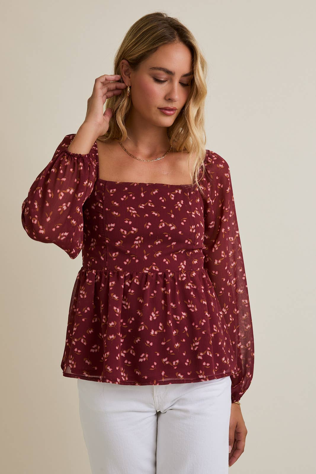 Burgundy Floral Square Neck Blouse
