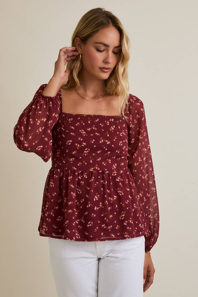 Burgundy Floral Square Neck Blouse