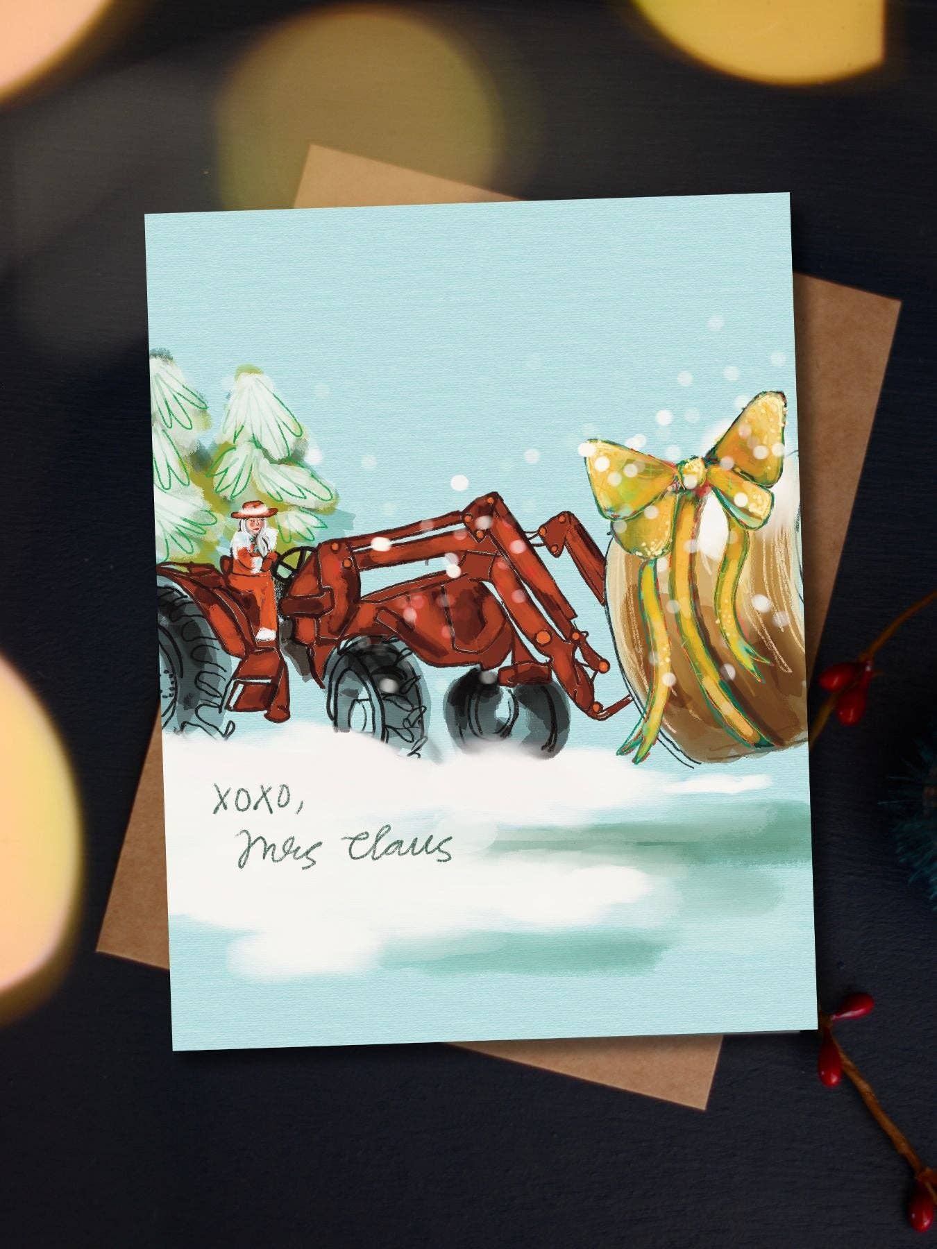 Mrs. Claus Tractor Western Holiday Christmas Card