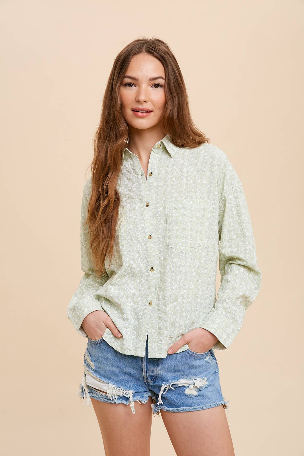 Green Tea Paisley Button Down Shirt