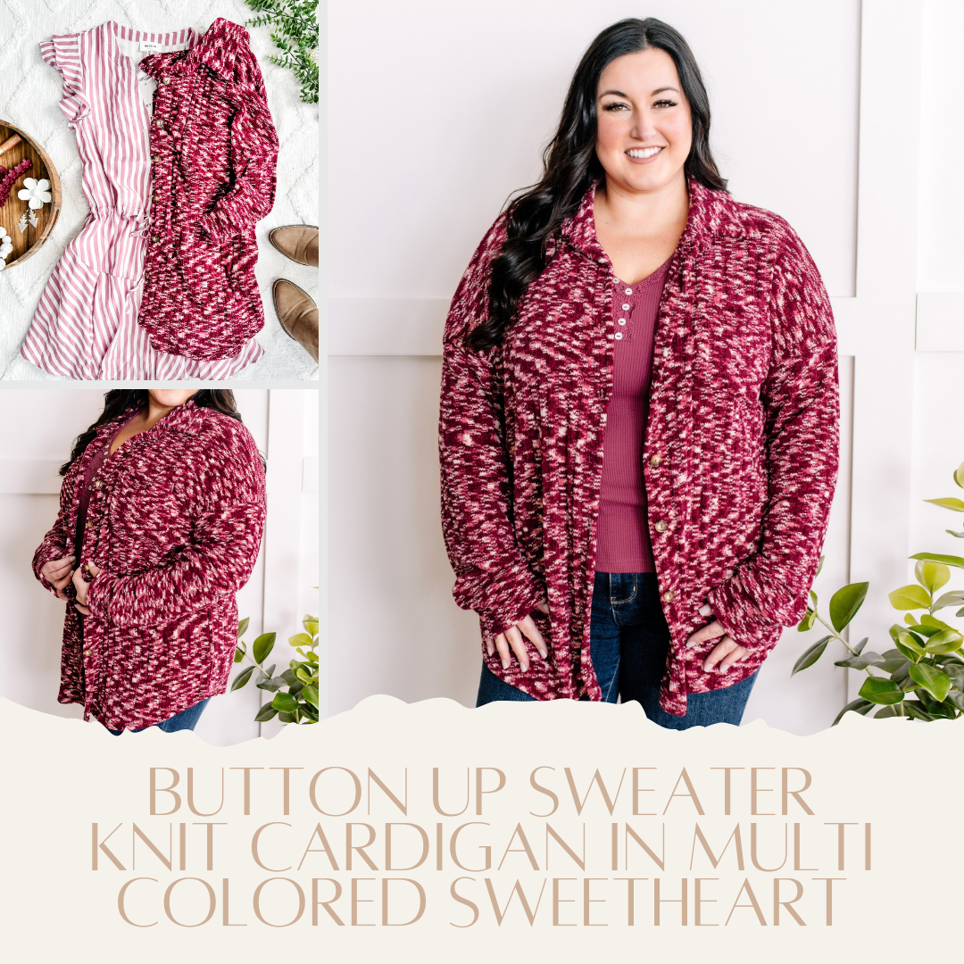 Button Up Sweater Knit Cardigan In Multi Colored Sweetheart