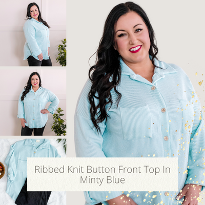 Ribbed Knit Button Front Top In Minty Blue