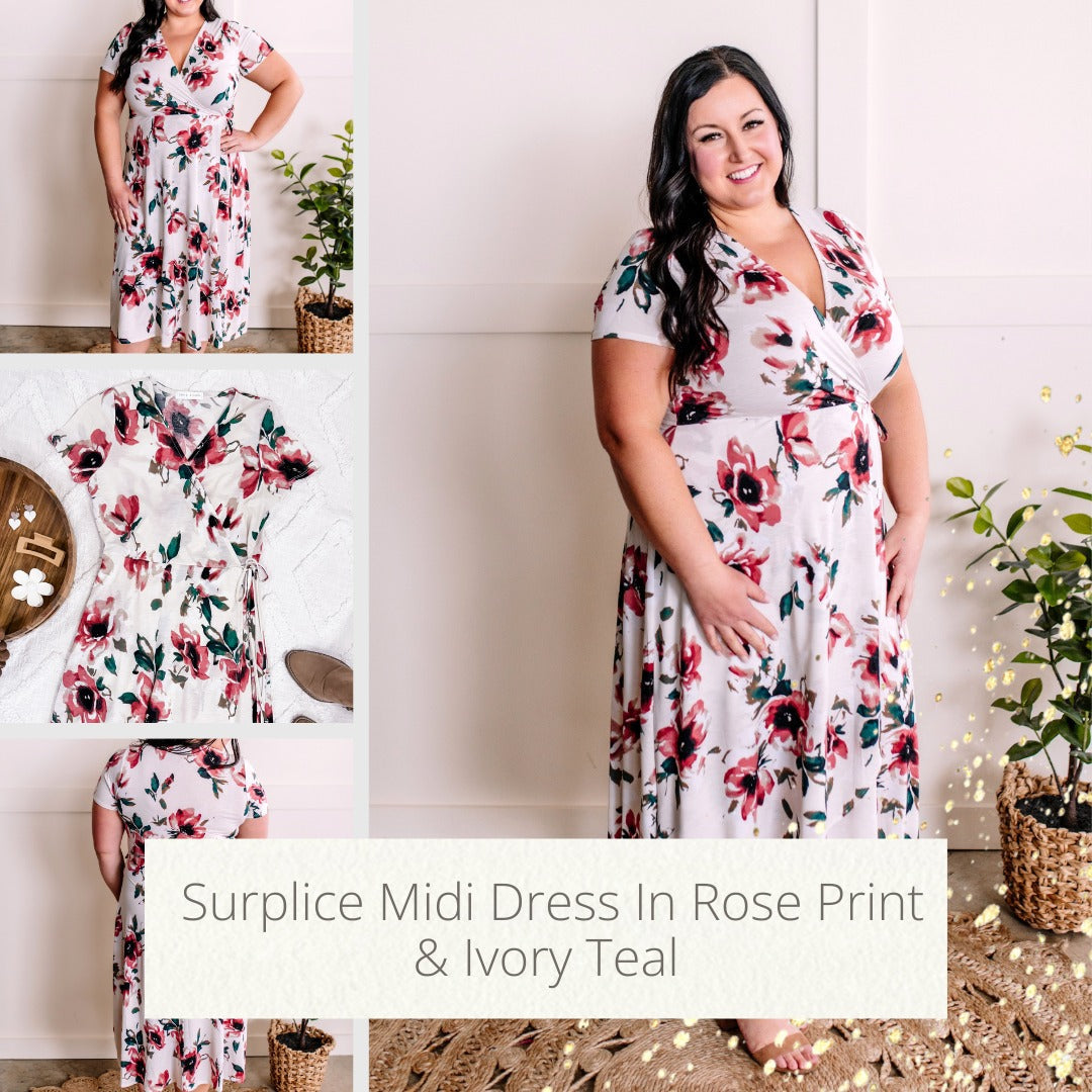 Surplice Midi Dress In Rose Print & Ivory Teal