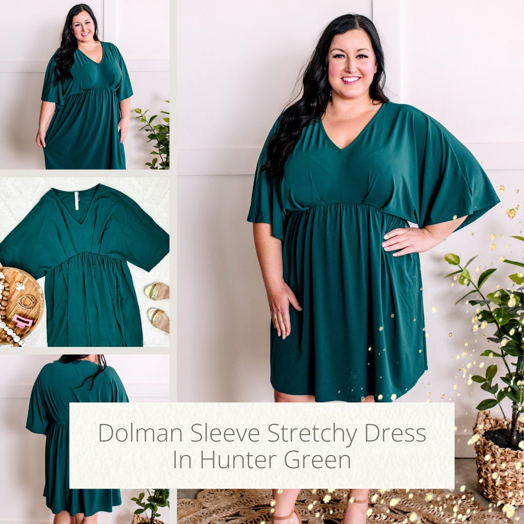 Dolman Sleeve Stretchy Dress In Hunter Green