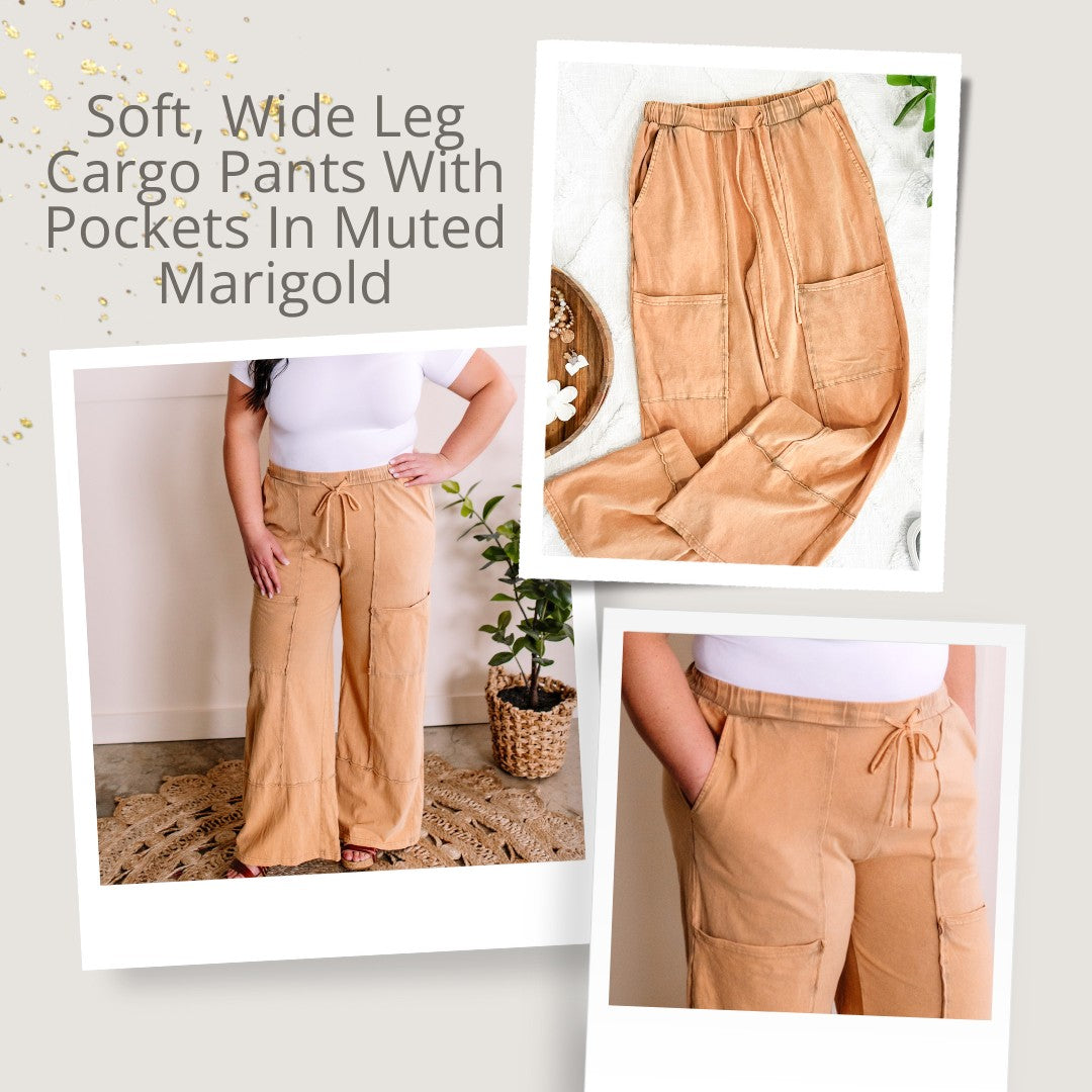 Soft, Wide Leg Cargo Pants With Pockets In Muted Marigold