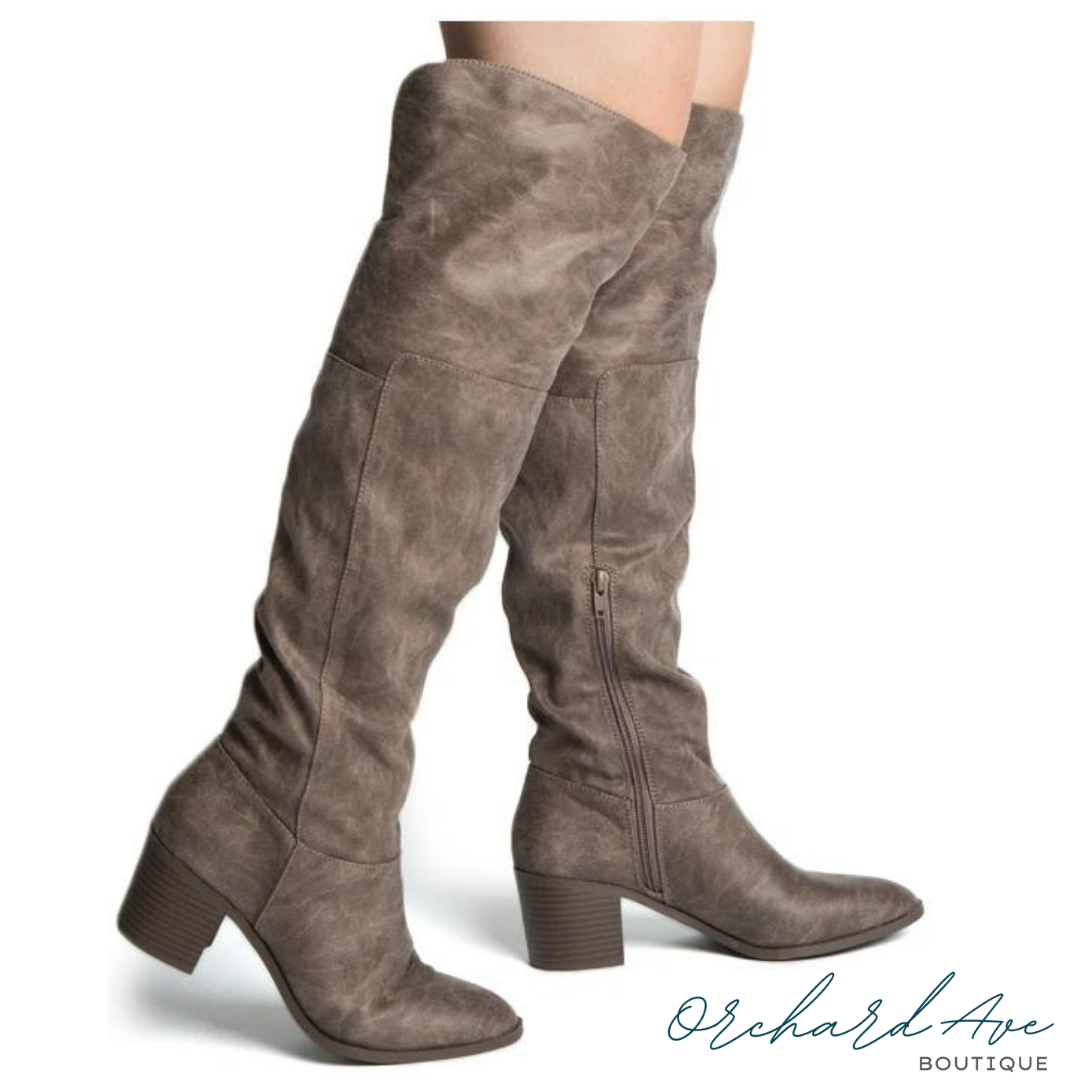 Taupe Distress Knee High Boots