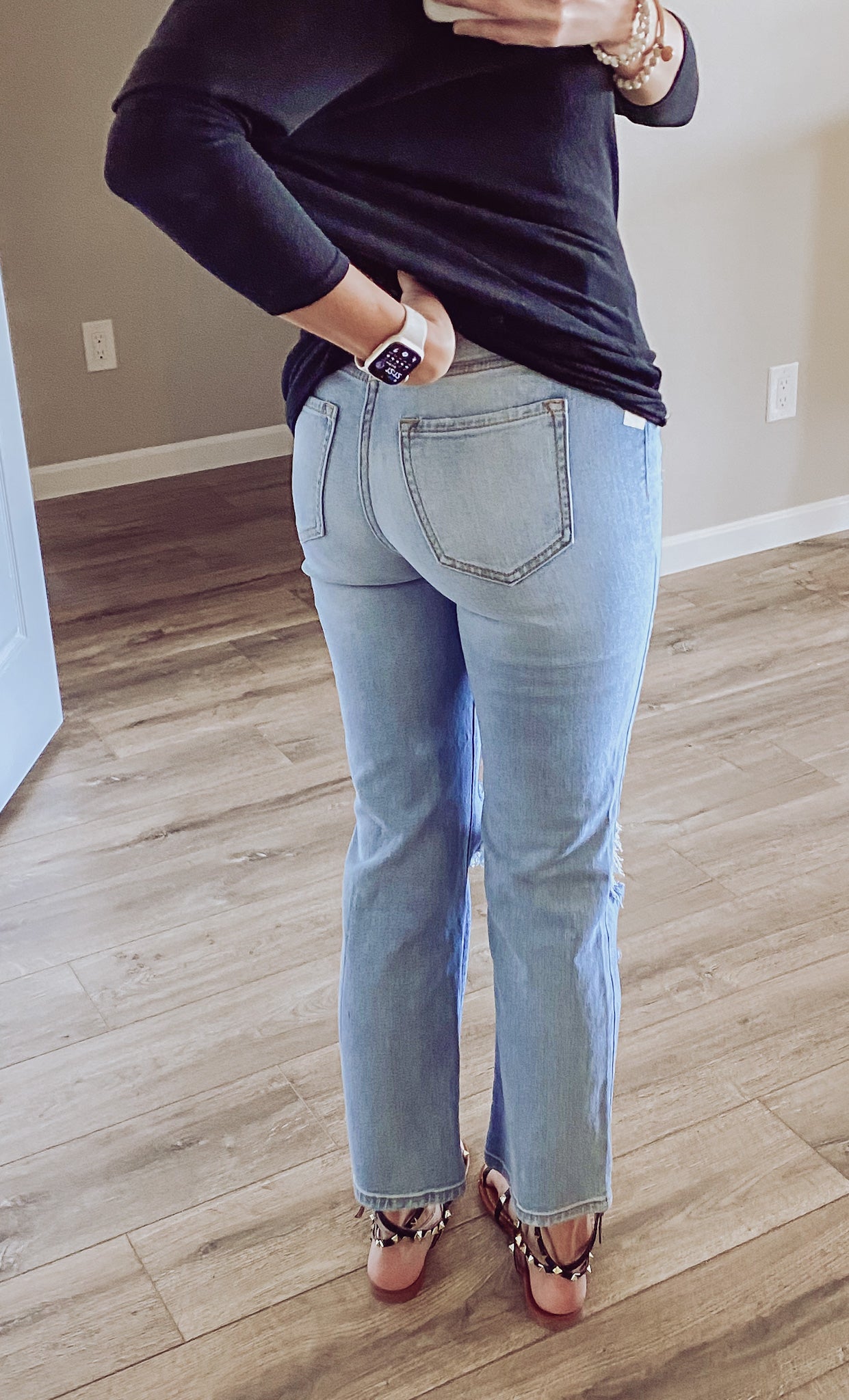 High Rise Straight Leg Jeans with Destroyed Knees