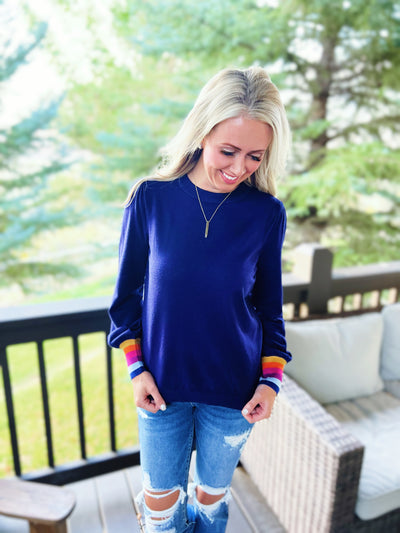 Navy Sweater with Colored Wrist Detail
