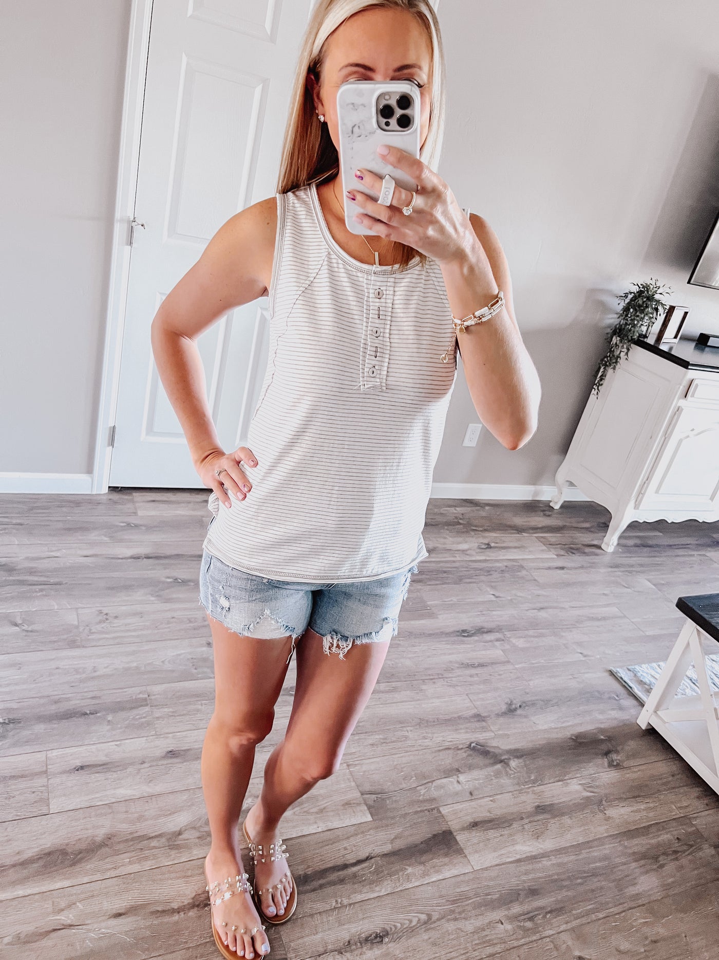 Heather Grey Striped Henley Tank