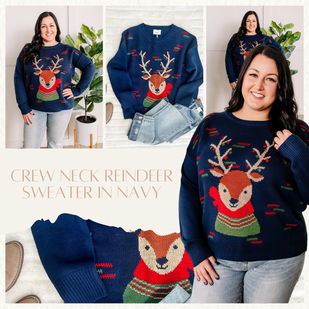 Crew Neck Reindeer Sweater In Navy