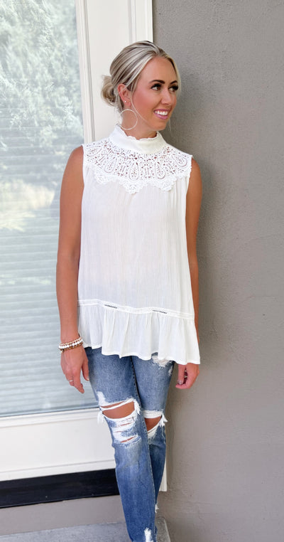 White Lace Trim Sleeveless Tunic