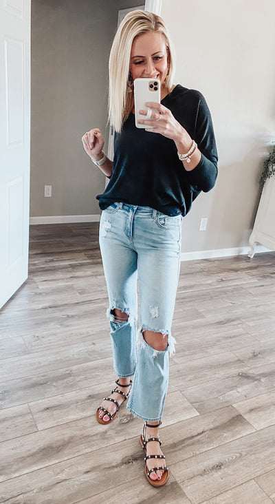 High Rise Straight Leg Jeans with Destroyed Knees
