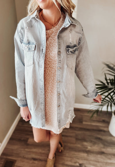 Light Wash Distressed Denim Long Shirt