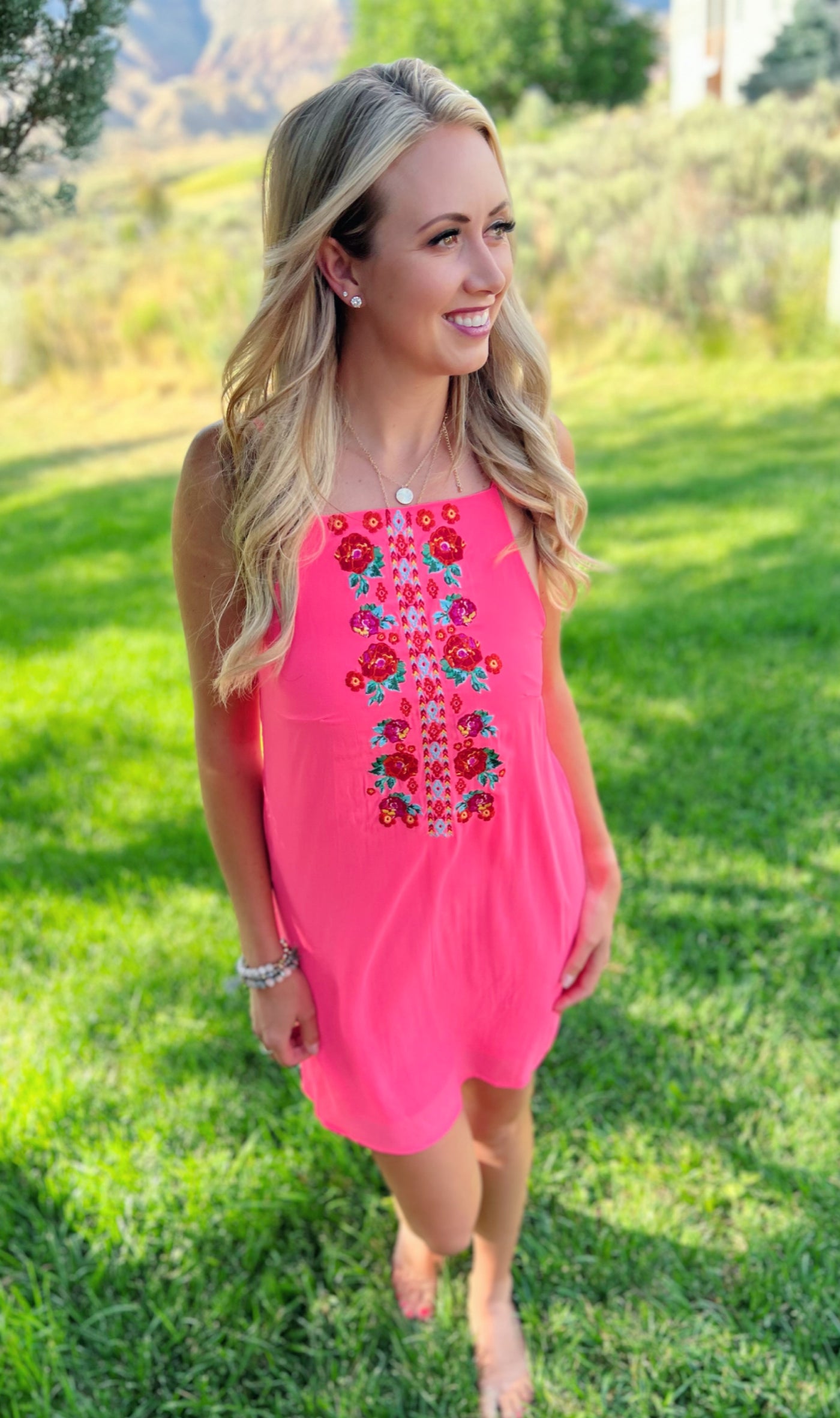 Hot Pink Embroidered Mini Dress