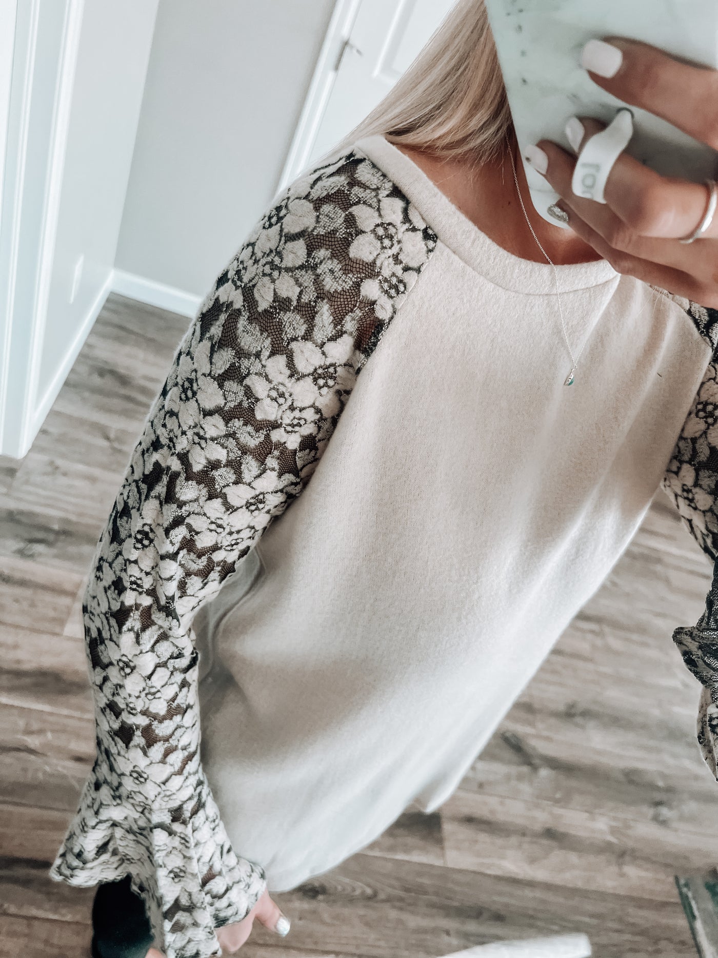 Lace Contrast Bell Sleeve Tunic Top