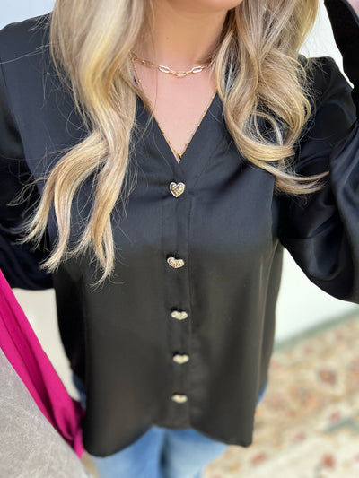 Black Satin Blouse with Heart Buttons
