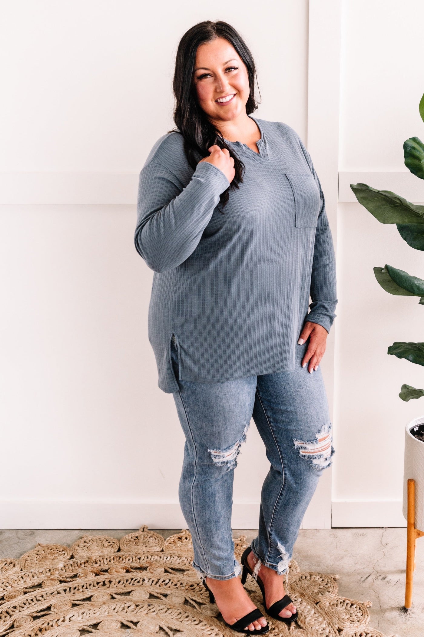 Long Sleeve Pointelle Henley Top In Blue Haze