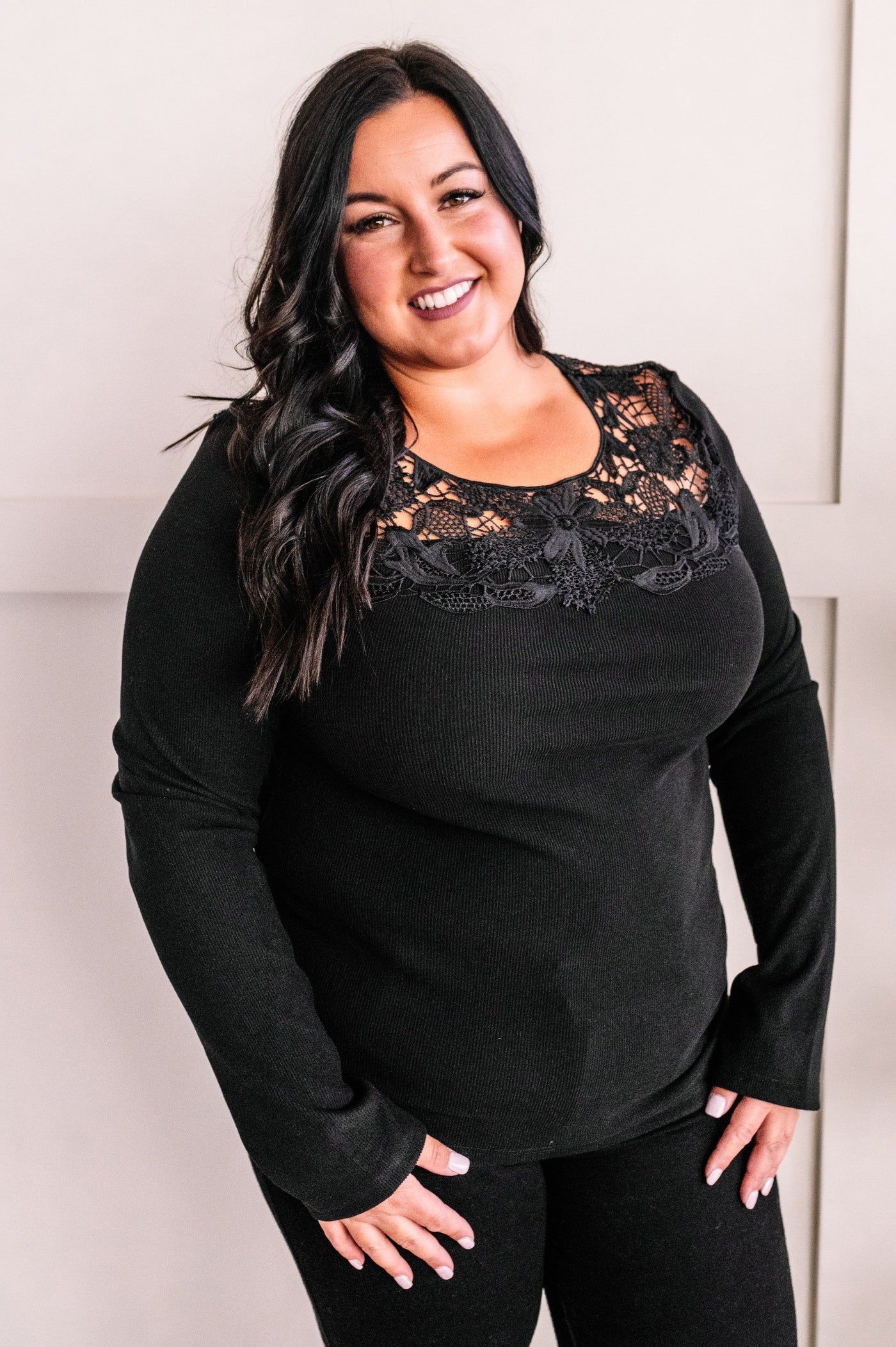 Micro Ribbed Lace Detailed Top In Rich Black Beauty