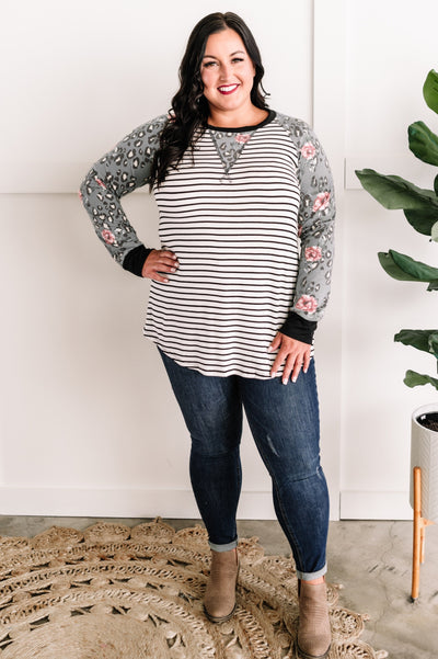 Raglan Sleeve Rose and Leopard Contrast Top In Black & White Stripes
