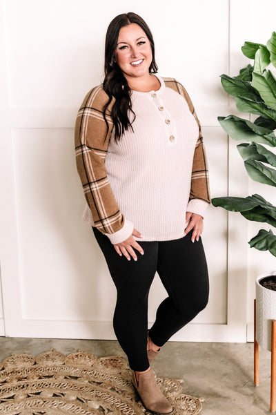 Beige Henley Top With Contrasting Plaid Sleeves