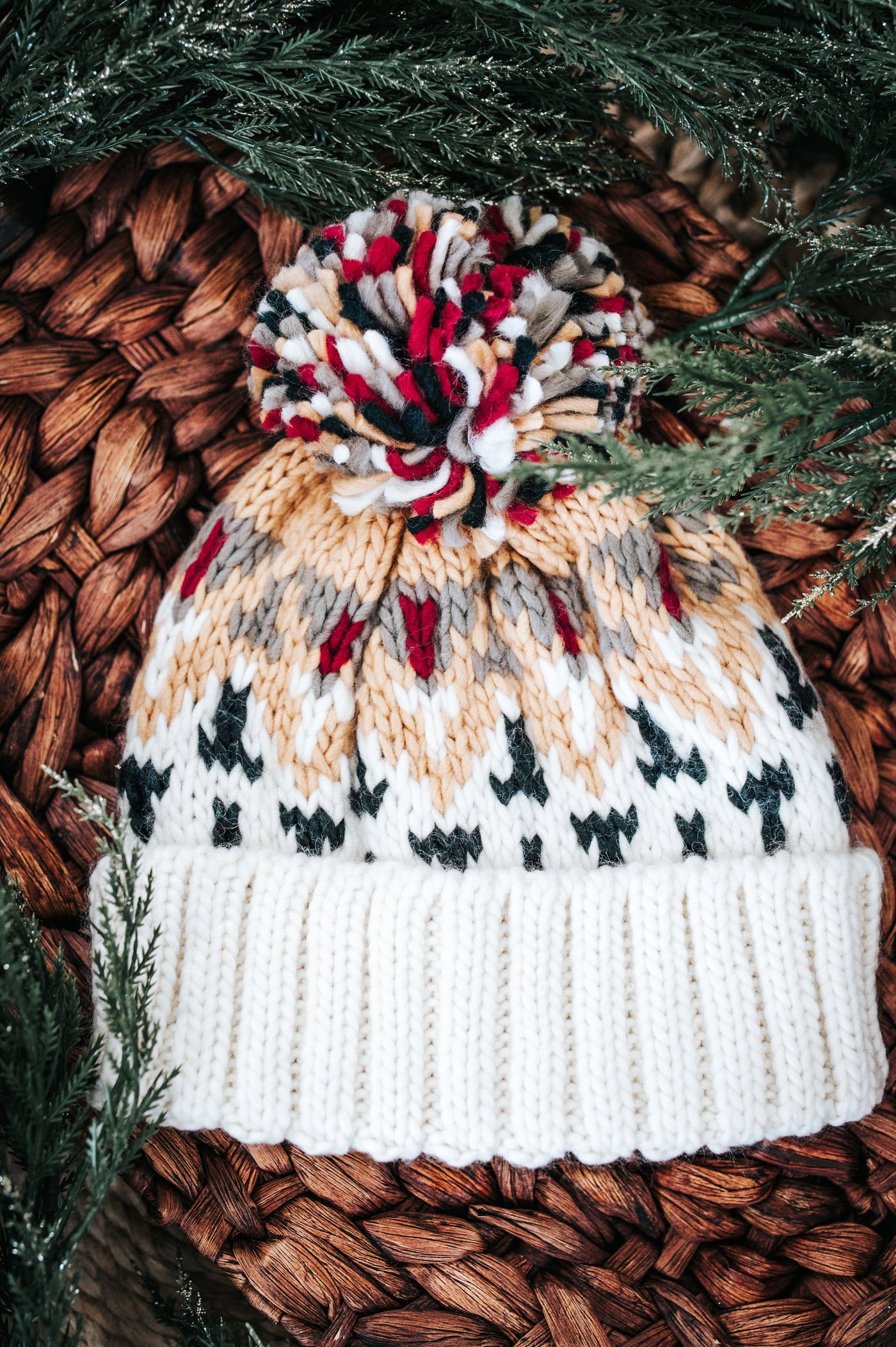 Ski Knit Hat With Pompom Detail In Winter Multi