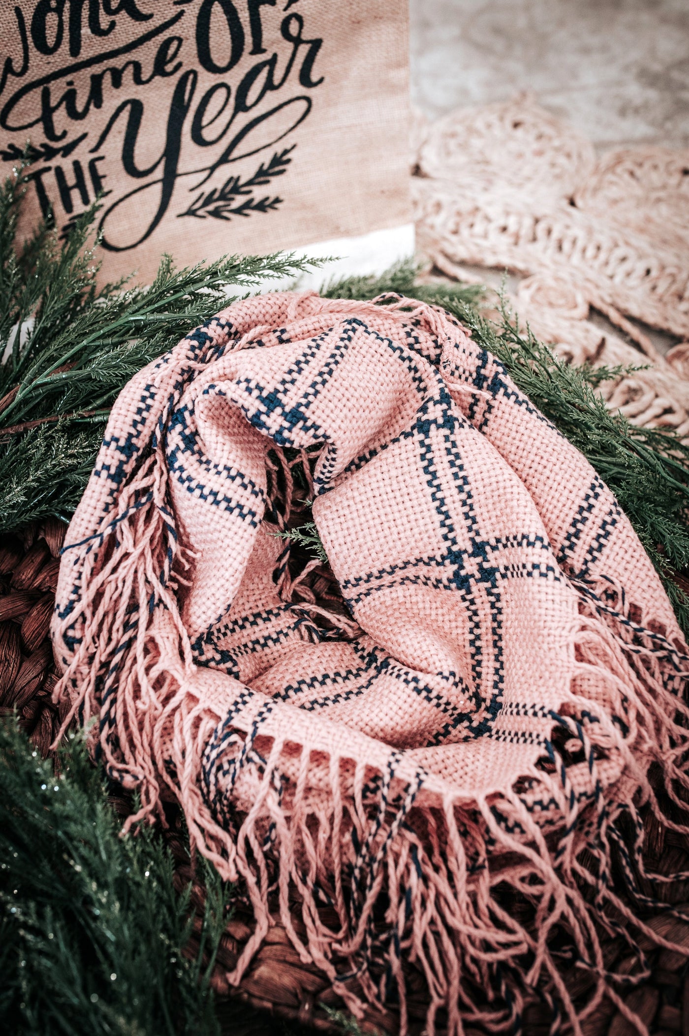 Plaid Infinity Scarf In Navy & Blush