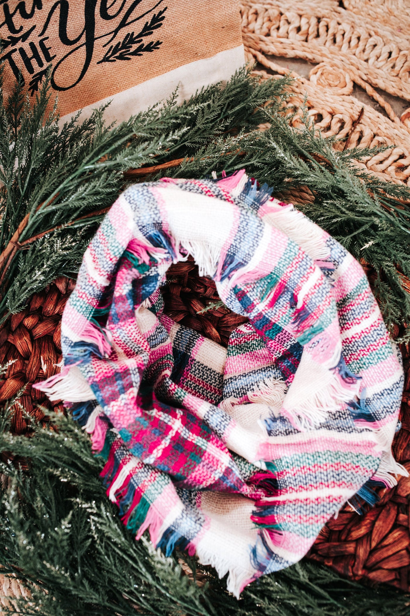 Infinity Scarf With Fringe Detail In Plaid Multicolor