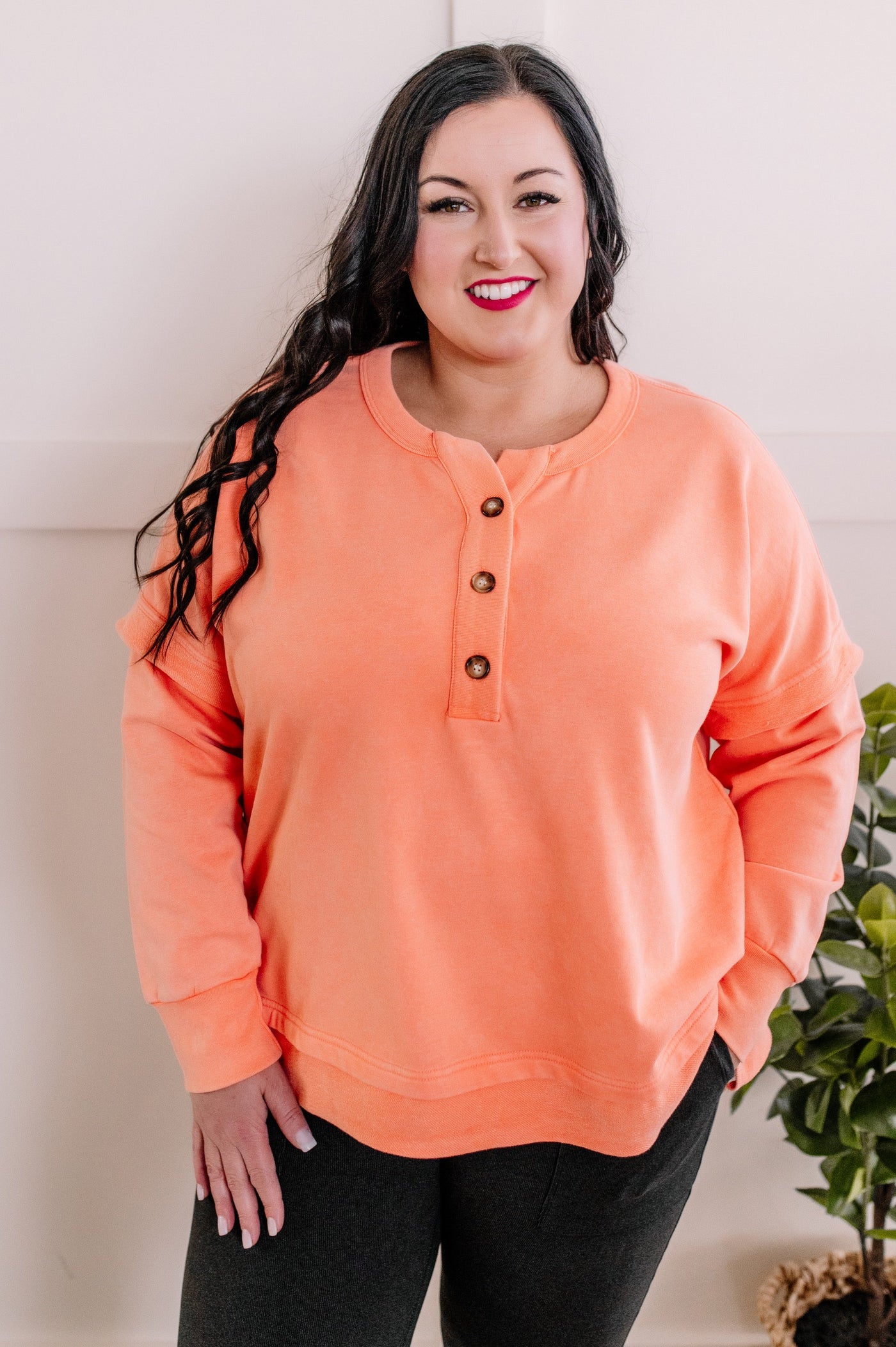 Button Front Oversized Henley In Spring Sunset