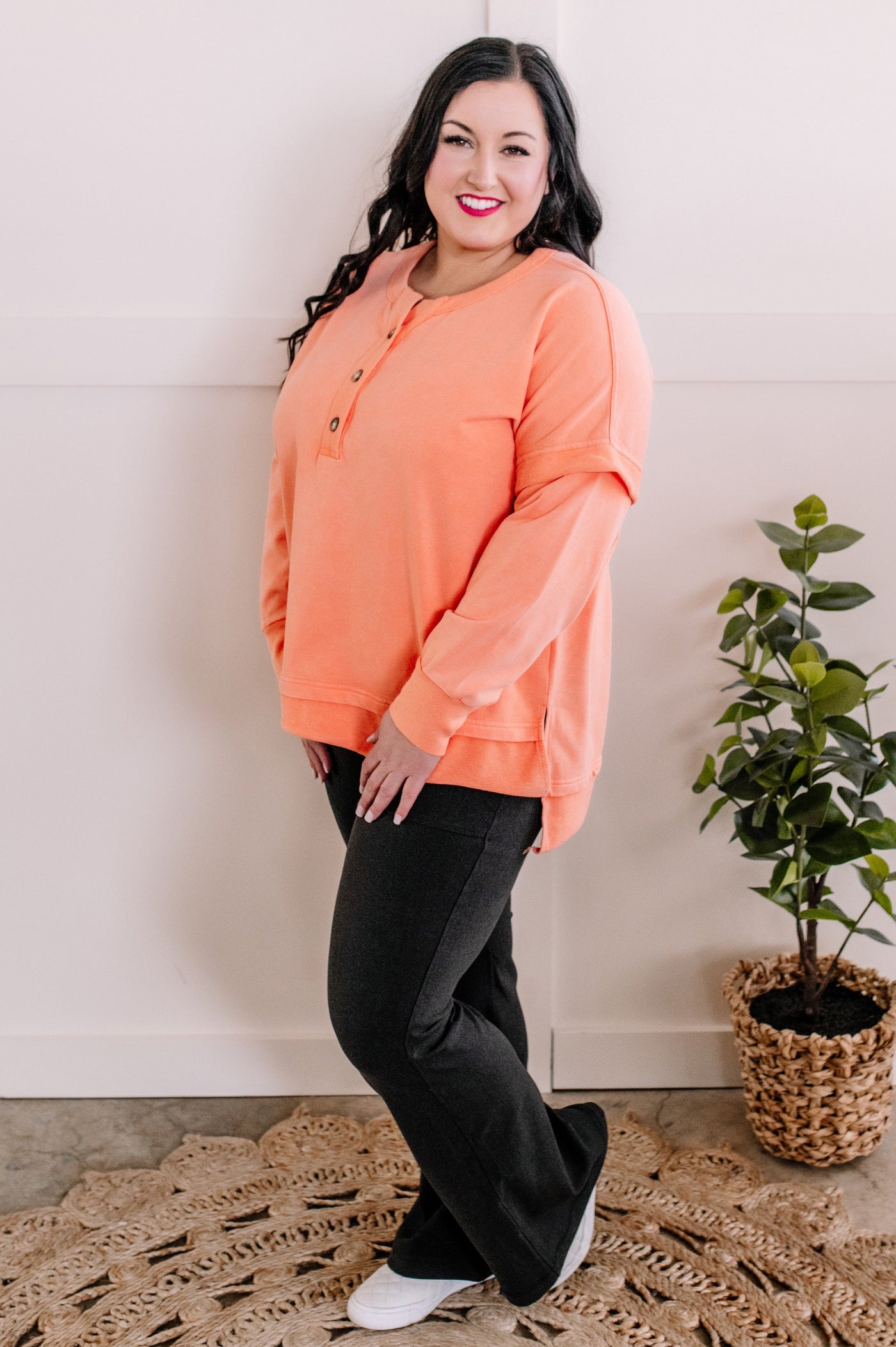 Button Front Oversized Henley In Spring Sunset