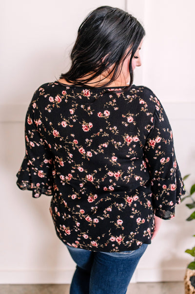 Decorative Button Front Blouse With Ruffle Sleeve Detail In Dark Rose Florals