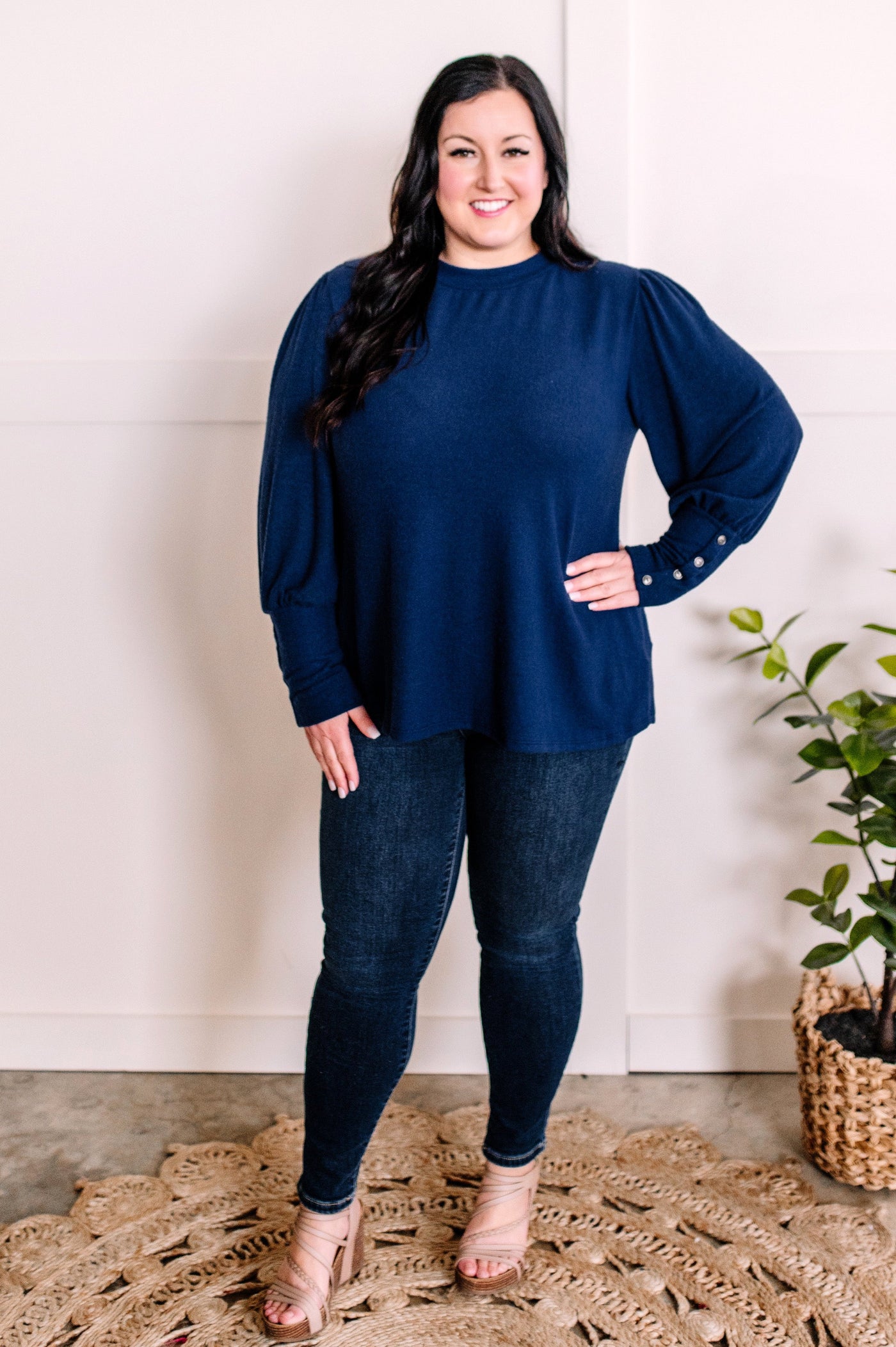 Cashmere Soft Button Sleeve Detailed Top In Royal Navy