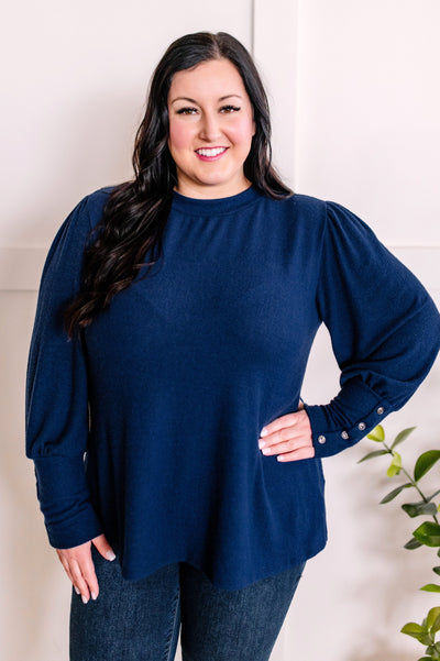Cashmere Soft Button Sleeve Detailed Top In Royal Navy