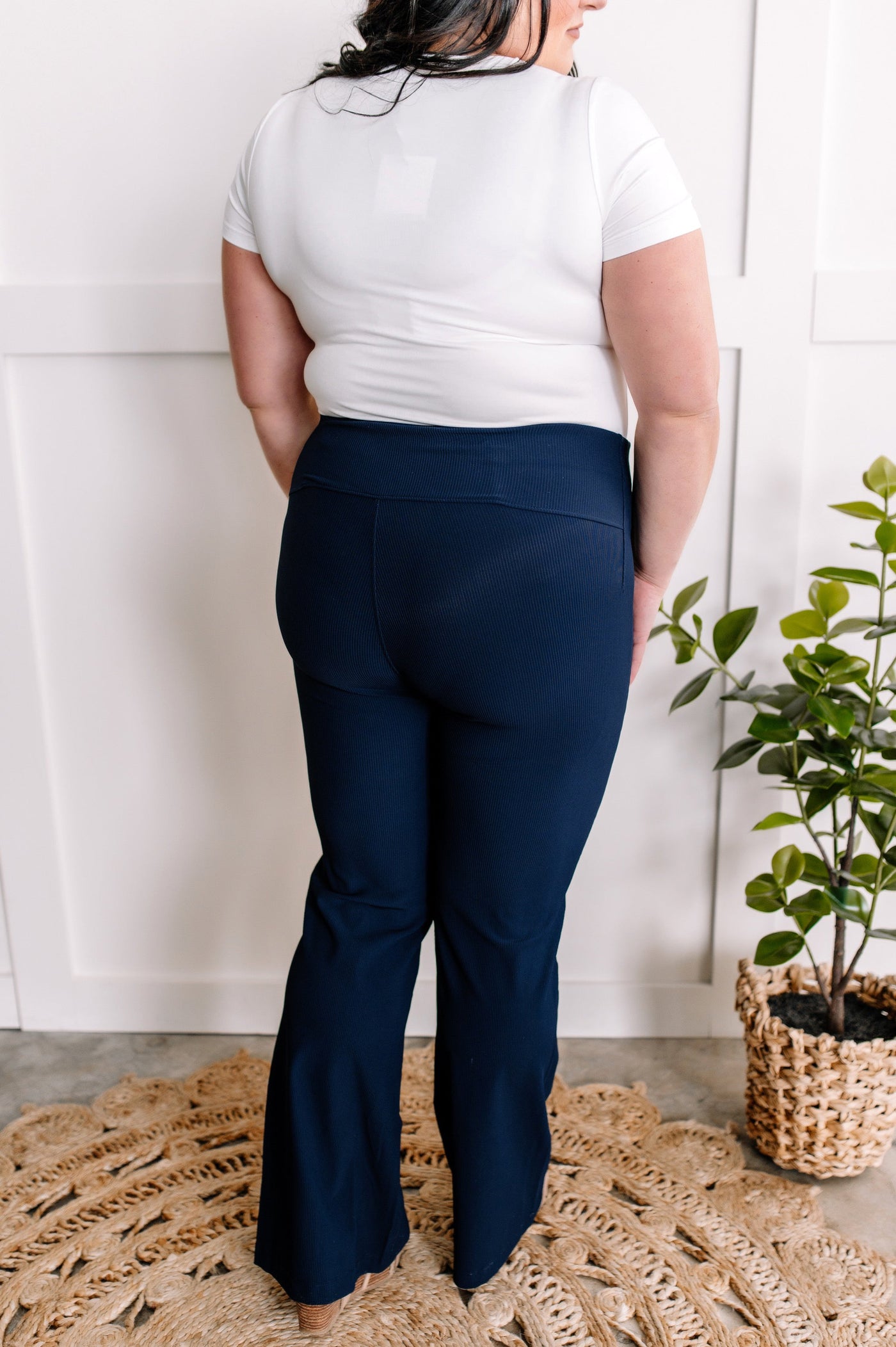 Ribbed High Waisted Pull On Pants In Deep Navy