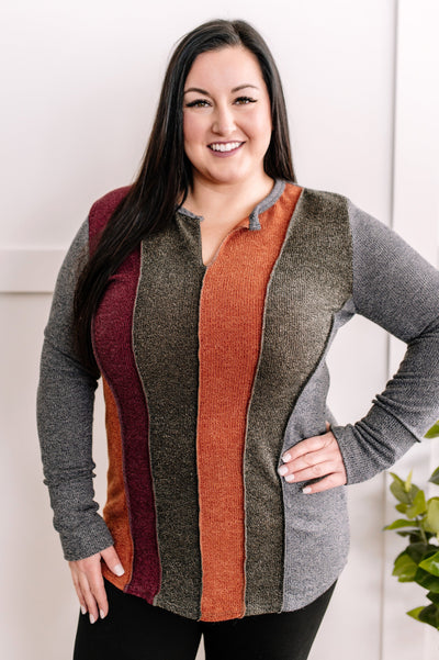Long Sleeve Color Block Top In Charcoal Multi