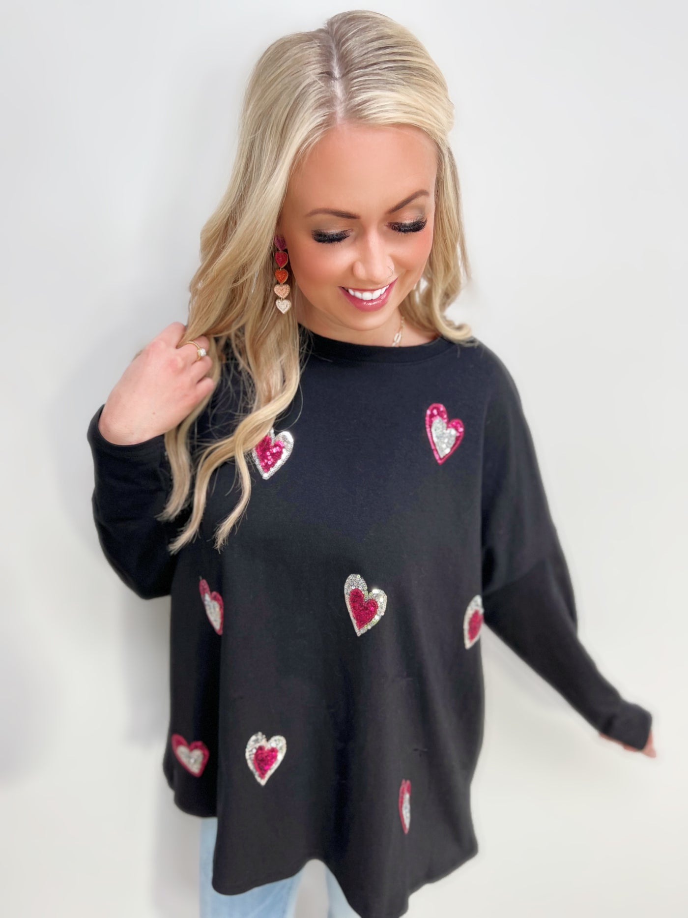 Black Dolman Top with Sequin Hearts