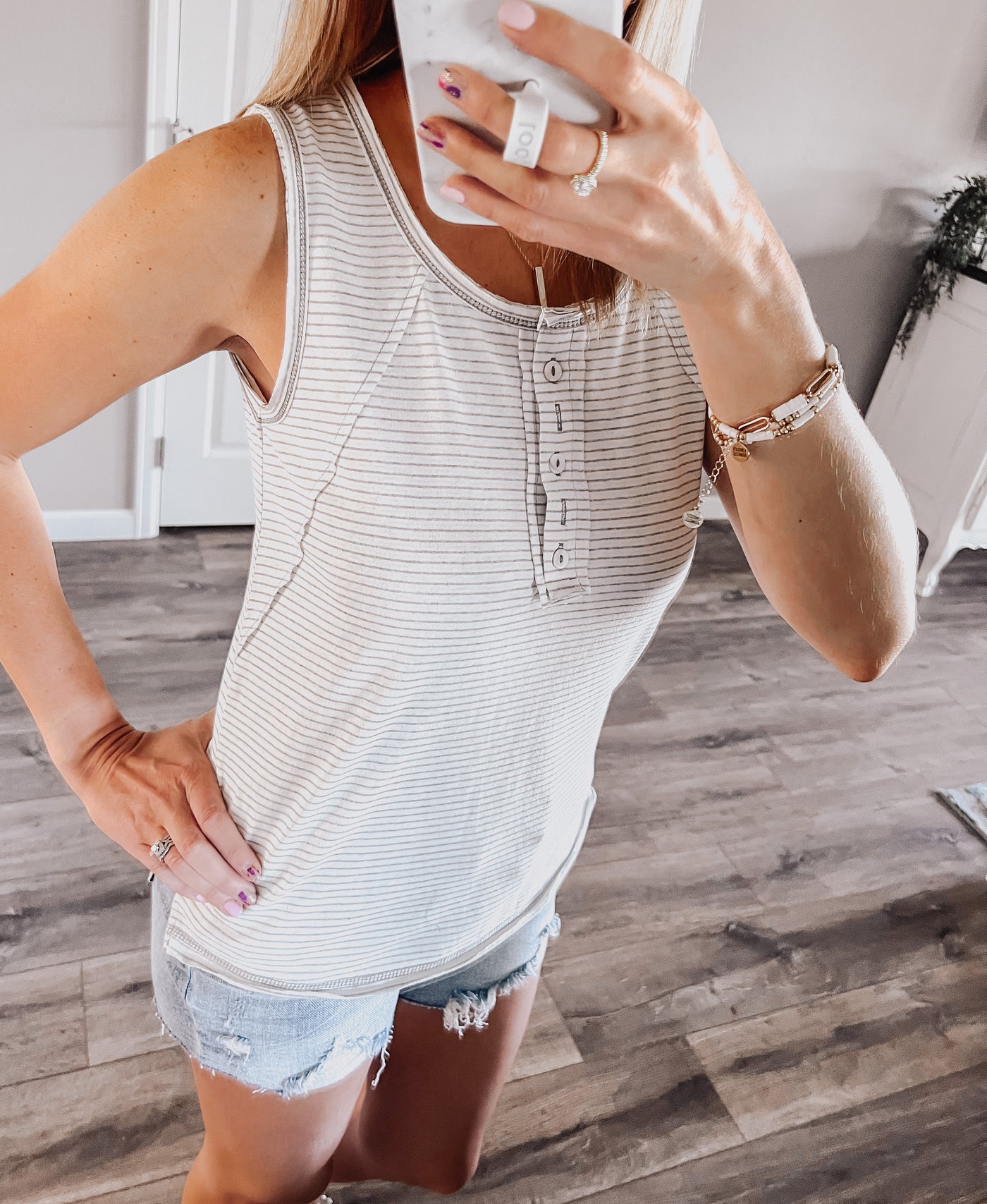 Heather Grey Striped Henley Tank
