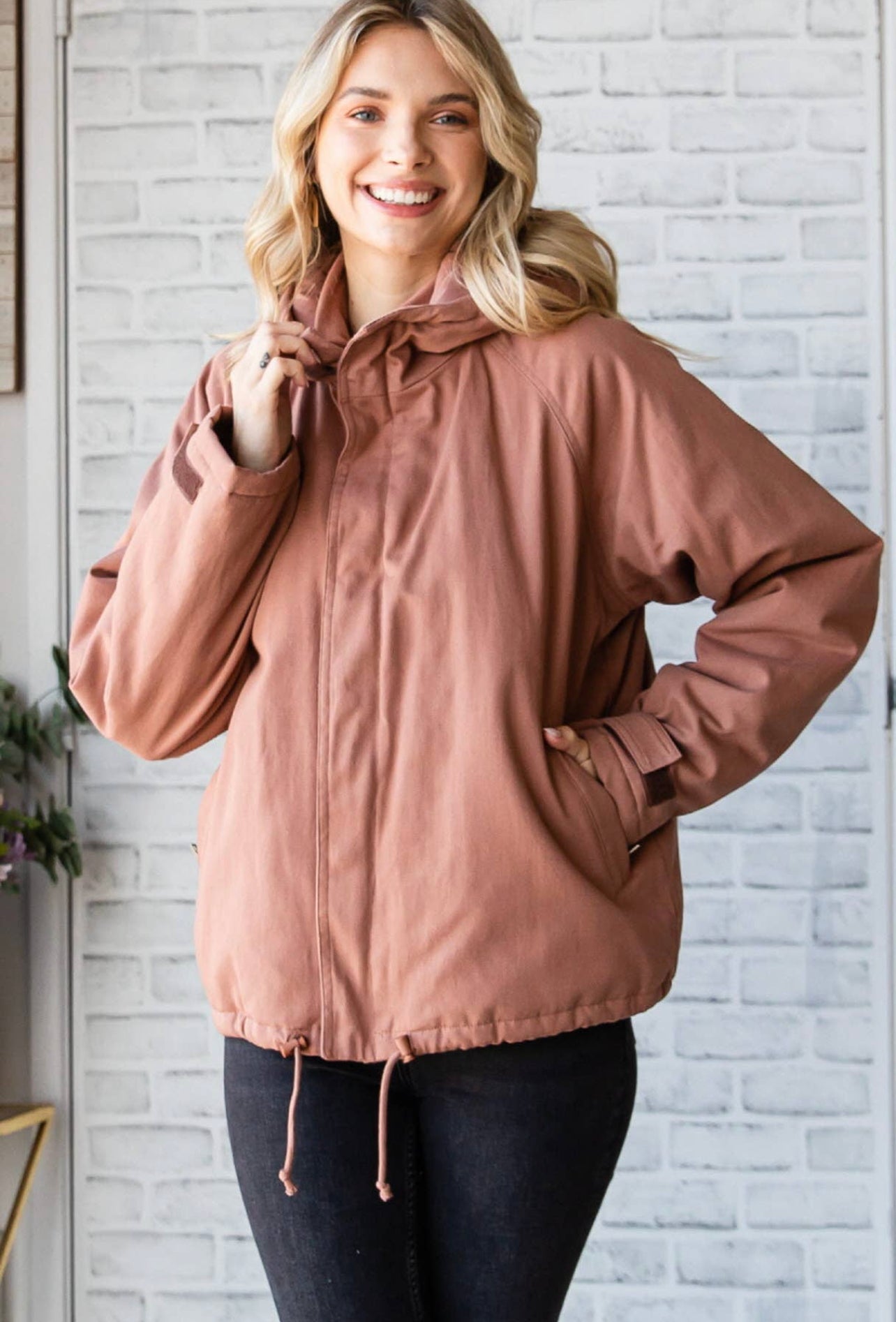 Dark Rose Solid Zip Up Hoodie Jacket