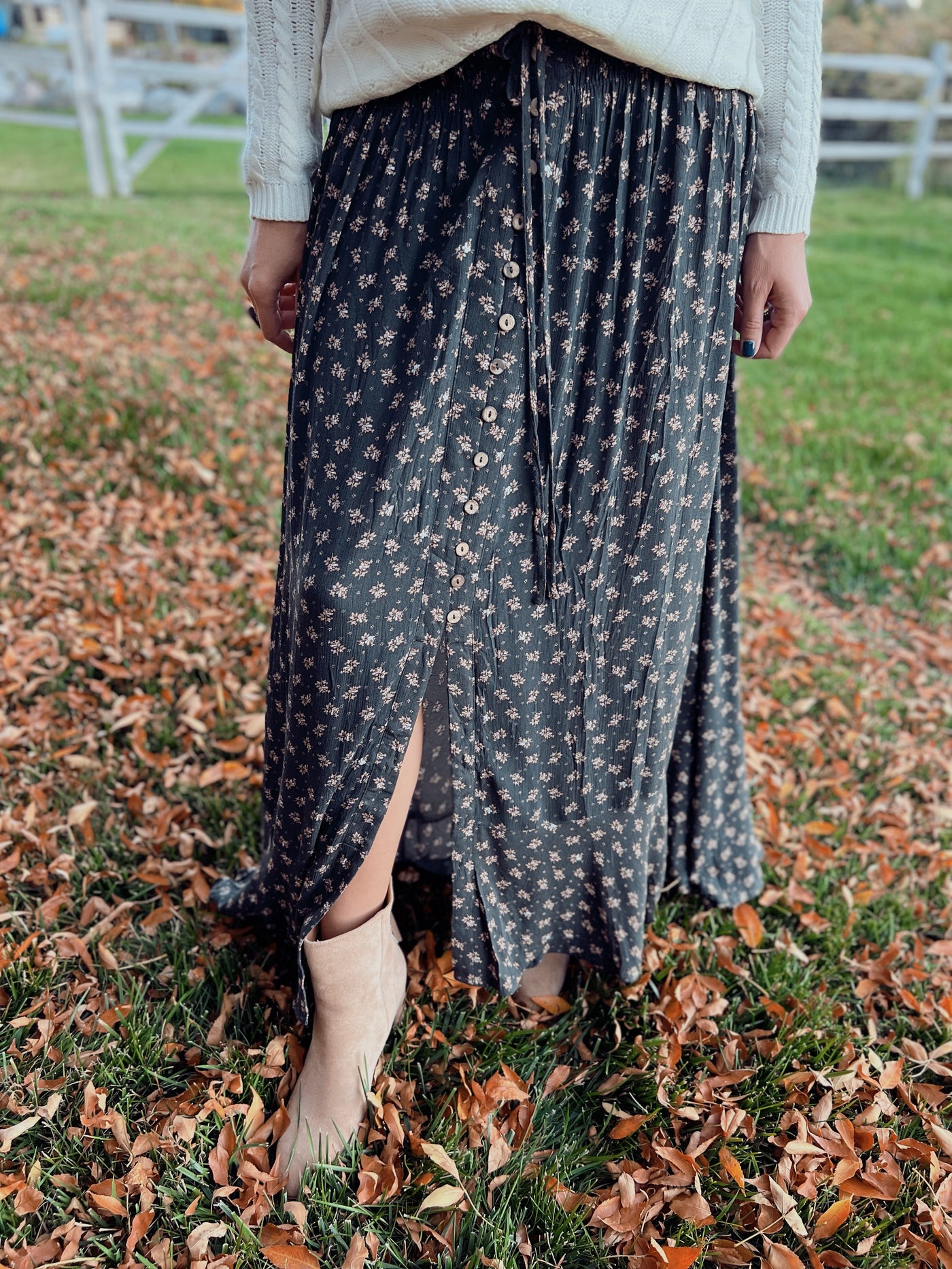Charcoal Floral Print Crepe Maxi Skirt