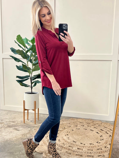 Gabby Front Top With Button Sleeve Detail In Wine