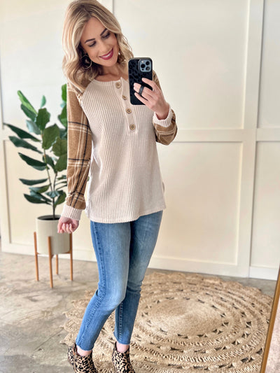 Beige Henley Top With Contrasting Plaid Sleeves