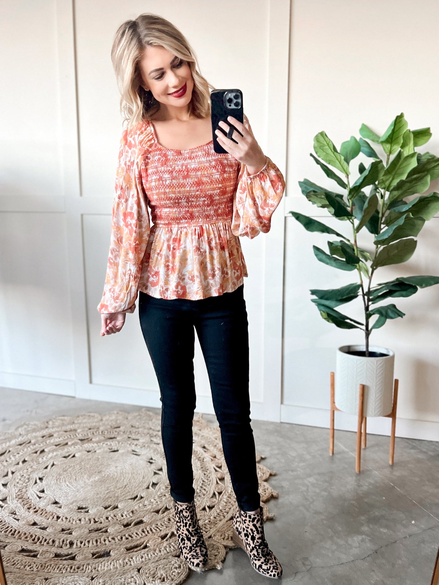 Embroidered Smocked Peplum Blouse In October Florals