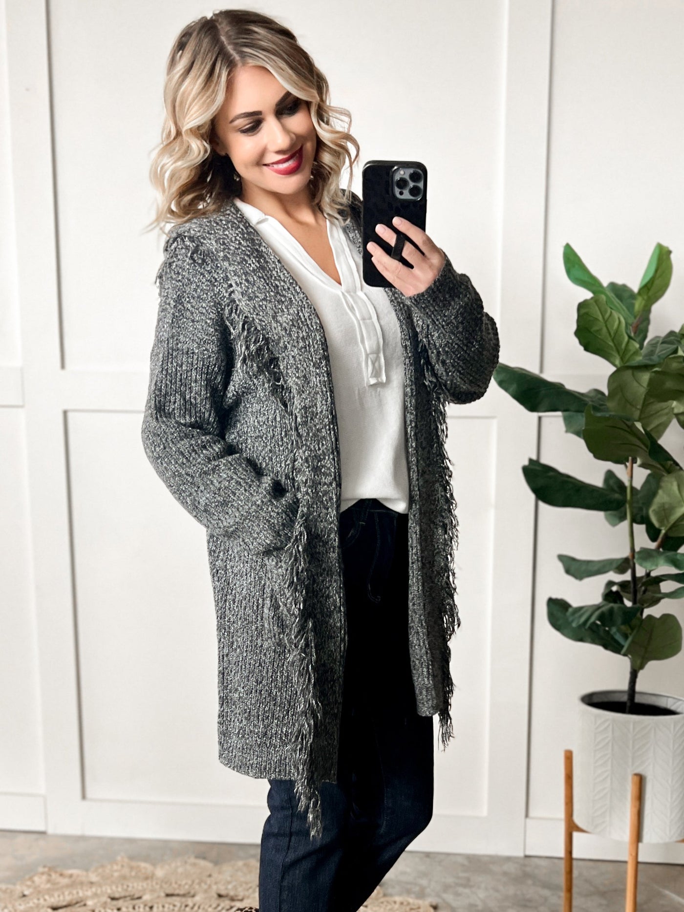 Hooded Fringe Open Front Cardigan In Heathered Grey