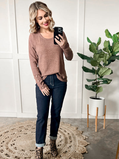Long Sleeve Thermal Top With Button Sleeve Detail In Gingerbread