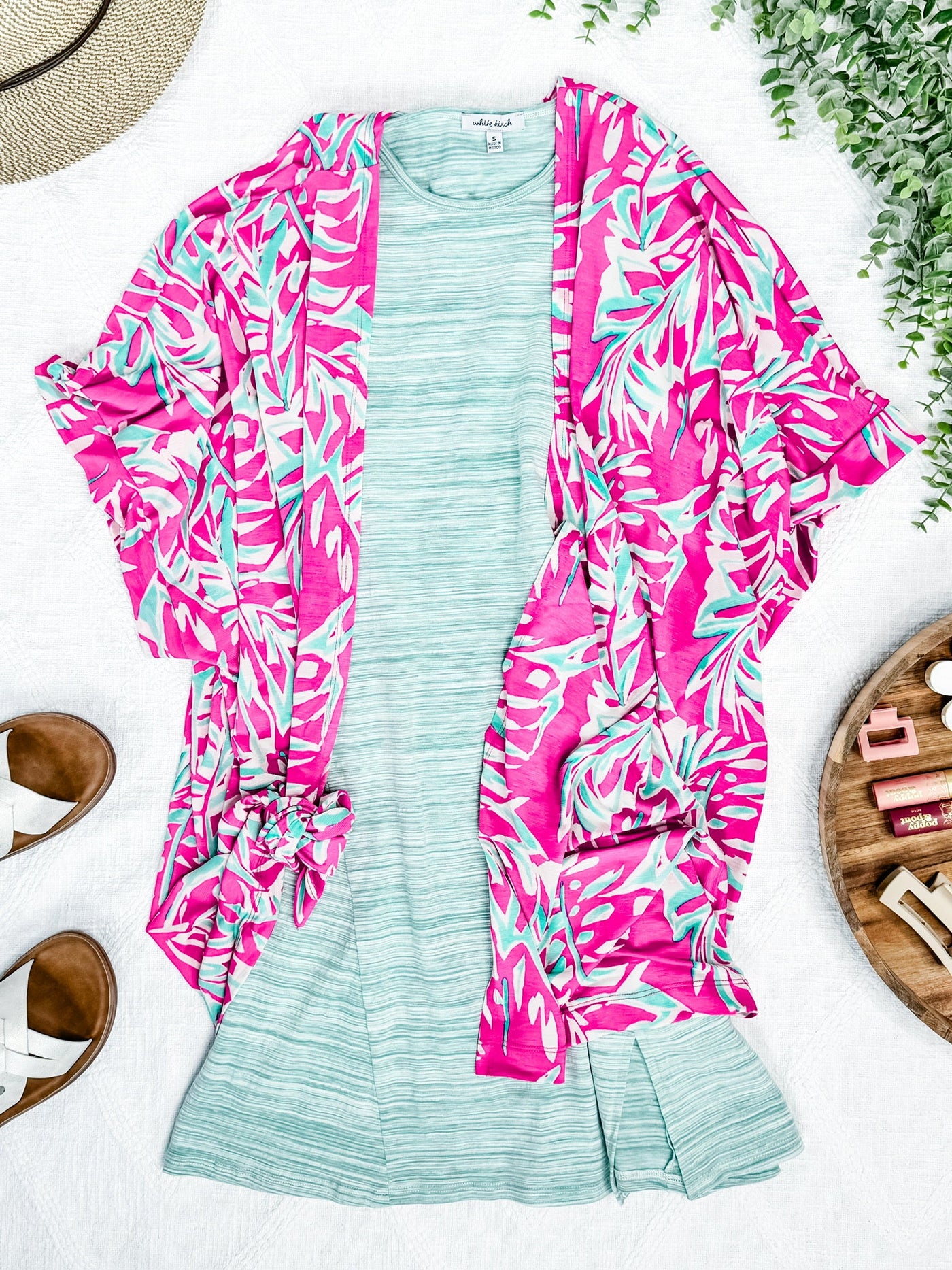Short Sleeve Kimono In Bright Pink & Teal