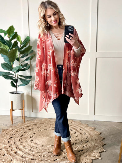 Ultra Soft Velvet Floral Kimono In Dusty Pink