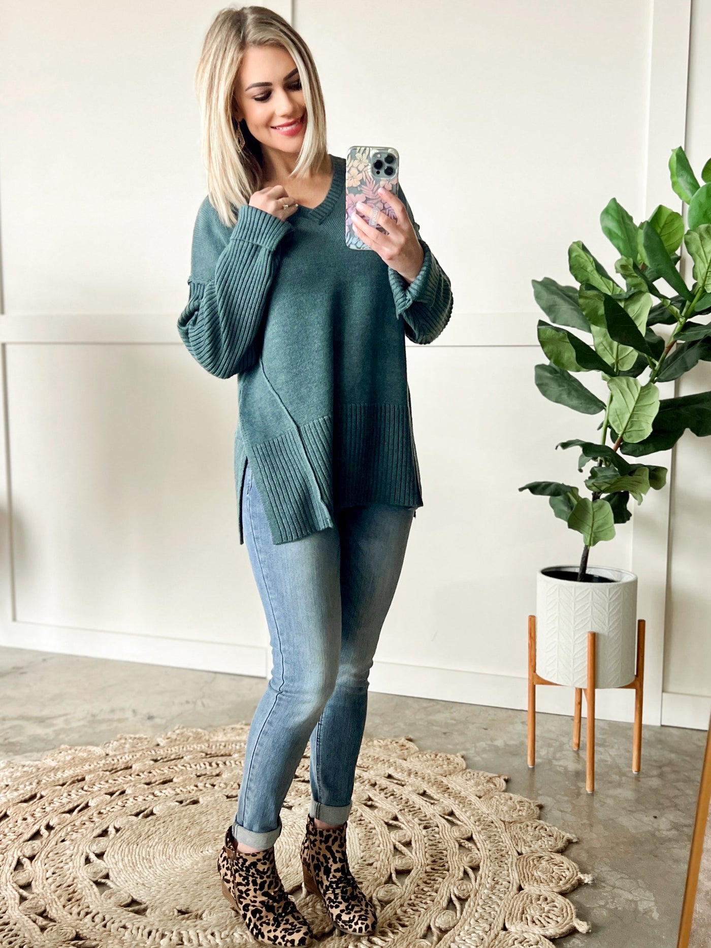 V Neck Knit Sweater In Dusty Teal