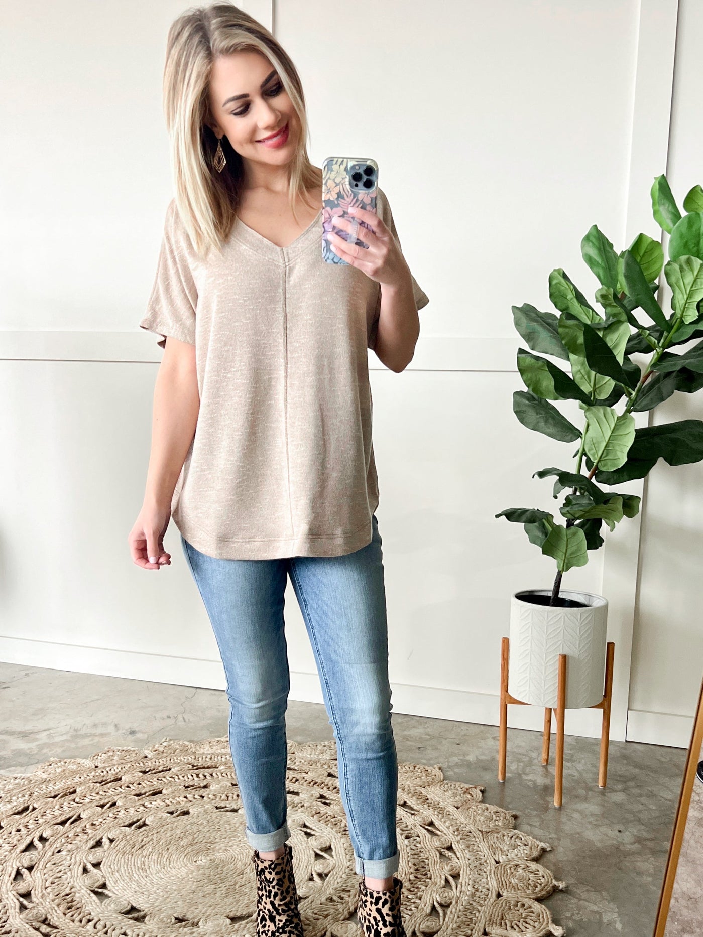 V Neck Dolman Sleeve Knit Top In Heathered Taupe