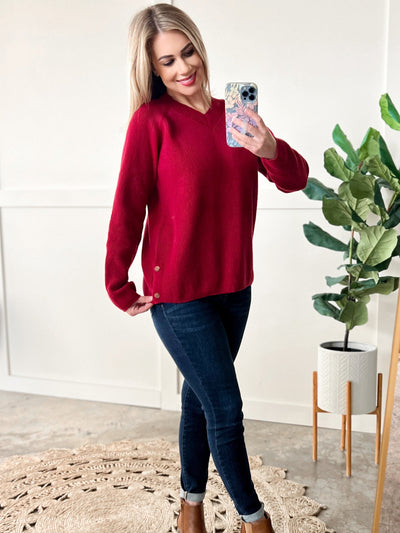 V Neck Knit Sweater With Side Button Detail In Red